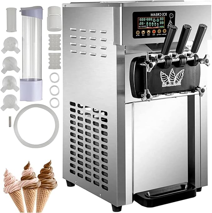Commercial Ice Cream Maker Machine, 5 Gal/H Commercial Ice Cream Maker w/Two 3L Hoppers,1200 W 3 Flavor Countertop Soft Serve Machine, Soft Ice Cream Machine for Restaurants Snack Bars Supermarkets