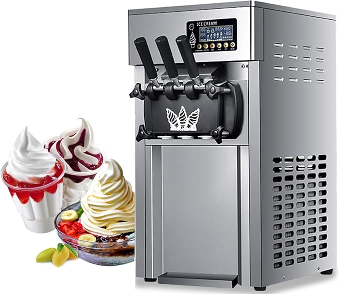 Commercial Ice Cream Machine 3.5 to 4.7Gal per Hour Soft Serve with LED Display Auto Clean 3 Flavors Perfect for Restaurants Snack Bar, 1200W, Sliver